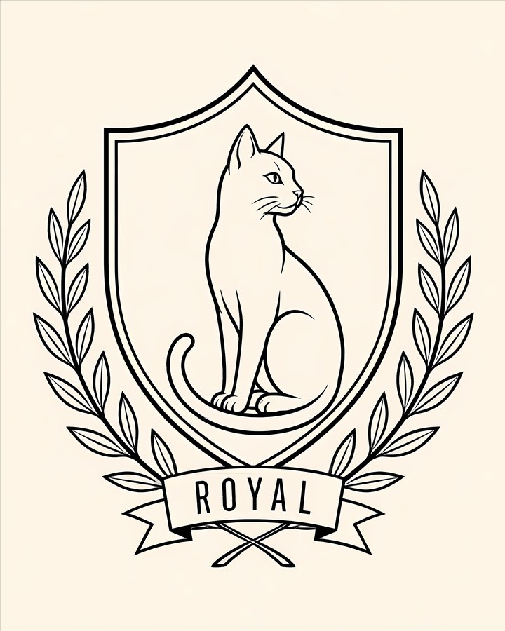 Minimalist Royal Cat crest in black line art, a seated cat on a shield framed by a laurel wreath with a ROYAL banner, a cat mom gift idea for a crest tee