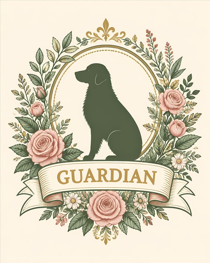 Botanical Guardian dog crest with a dark green dog silhouette, pink roses, and a GUARDIAN ribbon as a dog crest mug design option