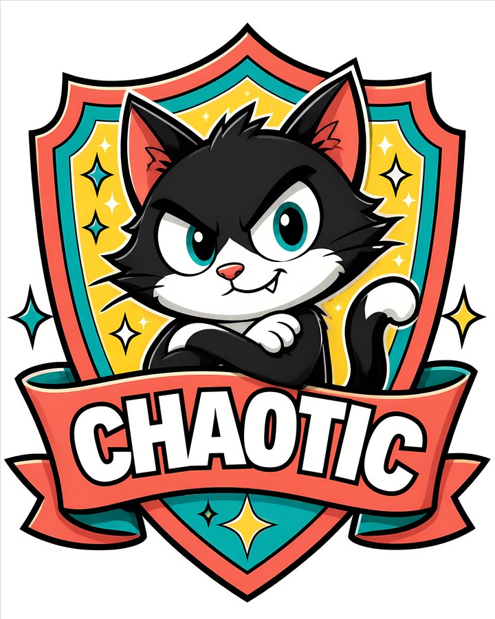 Playful Chaotic Cat crest sticker design, a smirking black and white cartoon cat with teal eyes and crossed paws on a coral, teal and yellow shield with sparkles above a coral CHAOTIC banner, a funny cat sticker idea