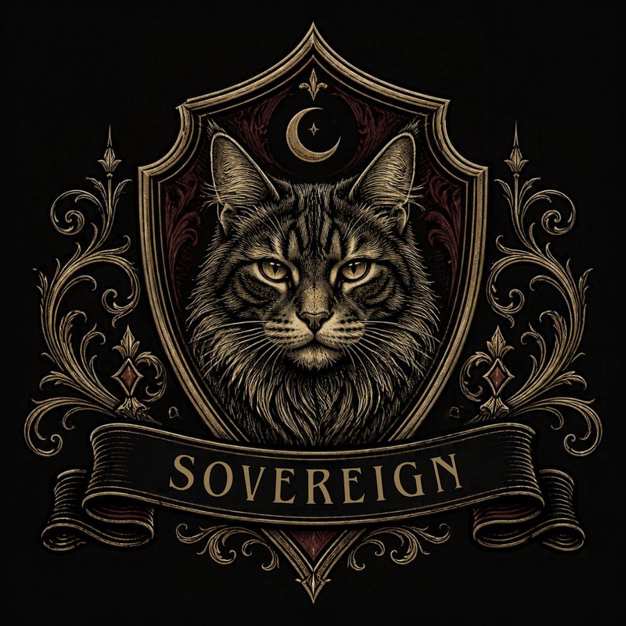Gothic Sovereign cat crest poster design, an engraved tabby cat with amber eyes on an oxblood shield under a crescent moon, framed by gold scrollwork with a SOVEREIGN ribbon banner, gothic cat wall art